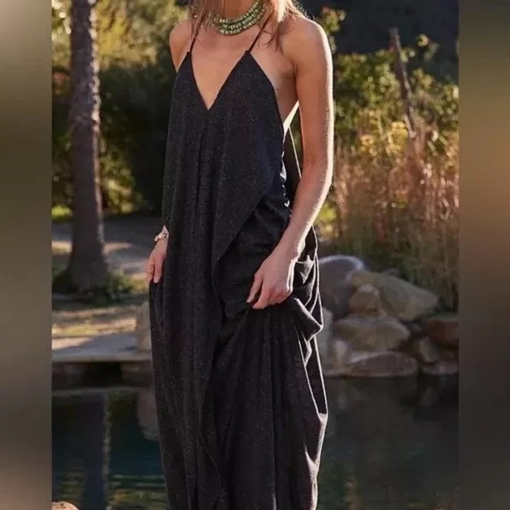 Free People FP Beach Positano Ribbed Draped Slouchy Maxi Dress Black New L